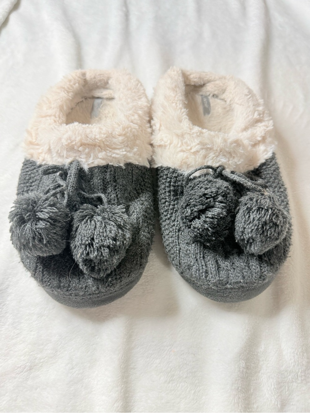 Cozy Pom-Pom Slippers - Gray with Cream Cuff
